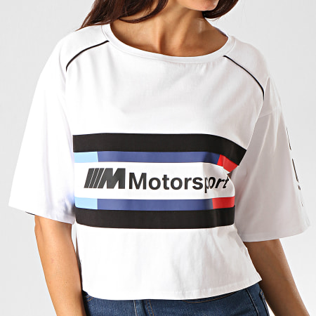 Puma - Tee Shirt Crop Femme A Bandes BMW Motorsport Street 595721 Blanc