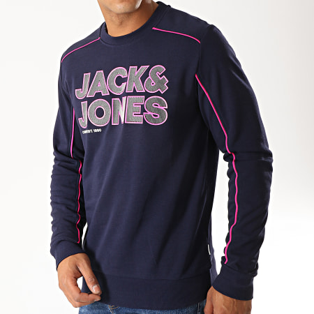 Jack And Jones - Sweat Crewneck A Bandes Sharp Bleu Marine Rose 