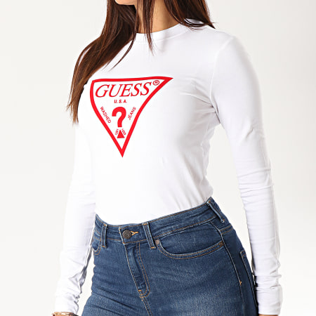 Guess - Tee Shirt Manches Longues Femme W94I0B-J1300 Blanc Rouge