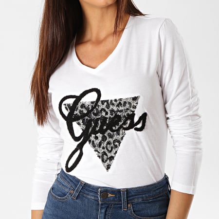 Guess - Tee Shirt Manches Longues Col V Femme W94I82-R5JK0 Blanc Noir
