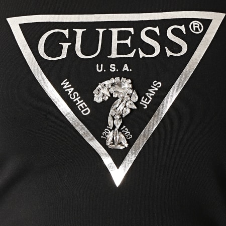 Guess - Tee Shirt Manches Longues Col V Femme Avec Strass W94I85-K7DE0 Noir Argenté
