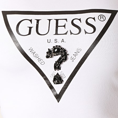 Guess - Tee Shirt Manches Longues Col V Femme Avec Strass W94I85-K7DE0 Blanc Noir