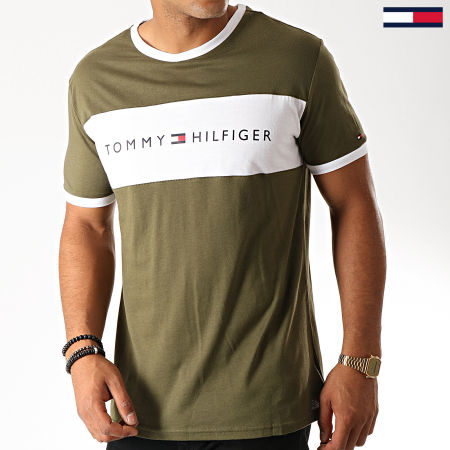 Tommy Hilfiger - Tee Shirt Logo Flag 1170 Vert Kaki Blanc