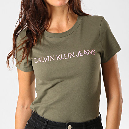 Calvin Klein - Tee Shirt Femme Institutional Logo 7940 Vert Kaki Rose