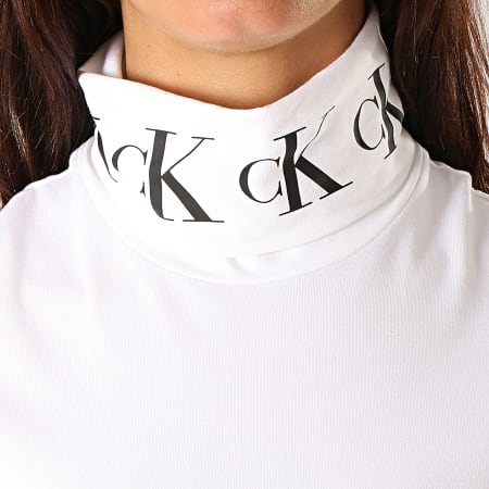 Calvin Klein - Tee Shirt Manches Longues Femme Col Roulé Monogram Tape 2179 Blanc