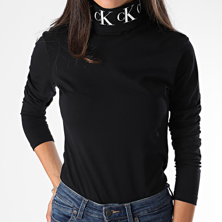 Calvin Klein - Tee Shirt Manches Longues Femme Col Roulé Monogram Tape 2179 Noir