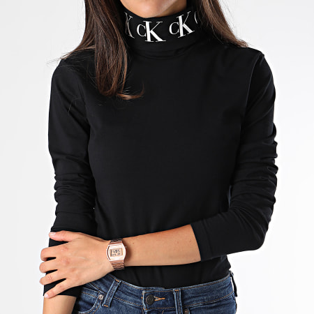 Calvin Klein - Tee Shirt Manches Longues Femme Col Roulé Monogram Tape 2179 Noir