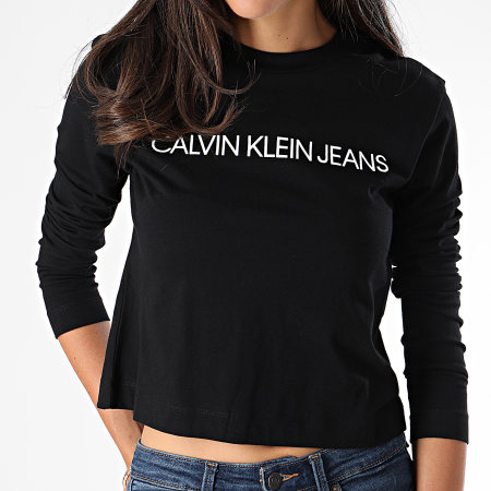 Calvin Klein - Tee Shirt Manches Longues Crop Femme Institutional Logo 2234 Noir Blanc