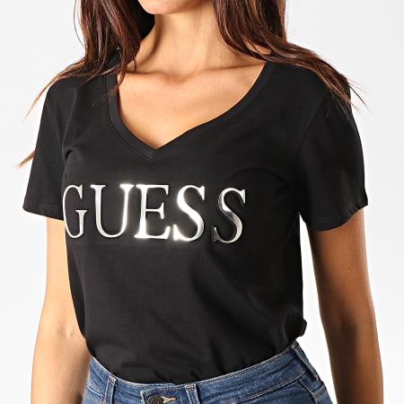 Guess - Tee Shirt Femme Col V M94I62-K7DN0 Noir Argenté