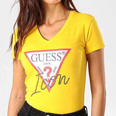 Guess - Tee Shirt Femme Col V Avec Strass M94I65-K7DE0 Jaune