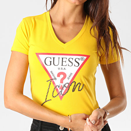 Guess - Tee Shirt Femme Col V Avec Strass M94I65-K7DE0 Jaune