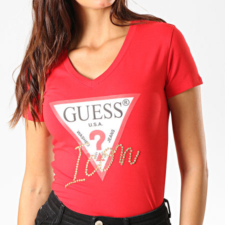 Guess - Tee Shirt Femme Col V Avec Strass W94I65-K7DE0 Rouge Doré