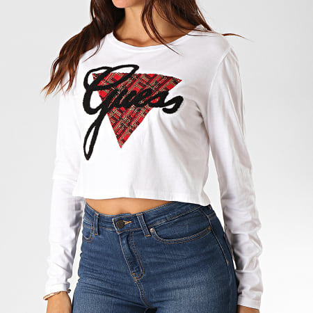 Guess - Tee Shirt Manches Longues Crop Femme Avec Strass W94I76-R5JK0 Blanc
