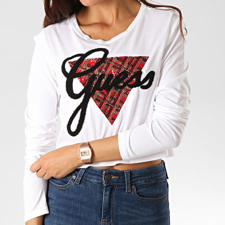 Guess - Tee Shirt Manches Longues Crop Femme Avec Strass W94I76-R5JK0 Blanc