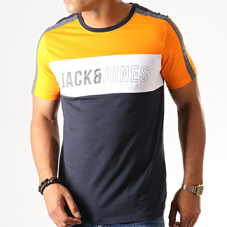 Jack And Jones - Tee Shirt Slim A Bandes Temp Bleu Marine Orange