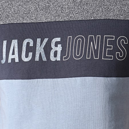 Jack And Jones - Tee Shirt Slim A Bandes Temp Bleu Marine Bleu Clair Gris Chiné