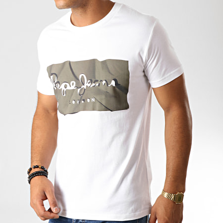 Pepe Jeans - Tee Shirt Slim Raury Blanc Vert Kaki