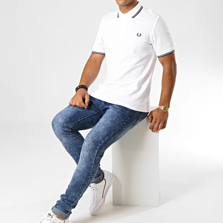 Fred Perry - Polo Manches Courtes Twin Tipped M3600 Blanc Bleu Marine
