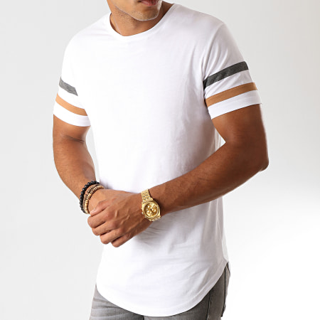 LBO - Tee Shirt Oversize Avec Bandes Anthracite Camel 905 Blanc
