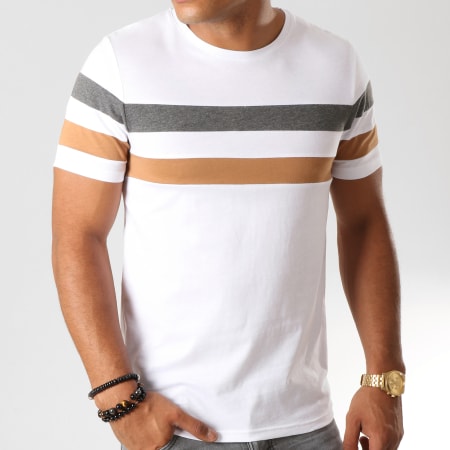 LBO - Tee Shirt Avec Bandes Tricolore 904 Anthracite Camel Blanc