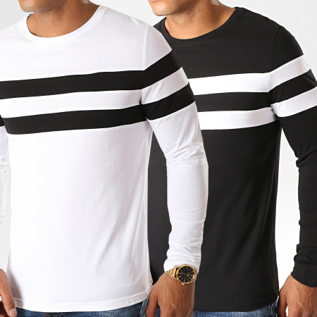 LBO - Lot de 2 Tee Shirt Manches Longues Avec Bandes Bicolore 933 Noir Et Blanc