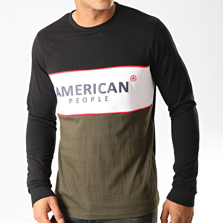 American People - Tee Shirt Manches Longues AP Pam Noir Vert Kaki Blanc