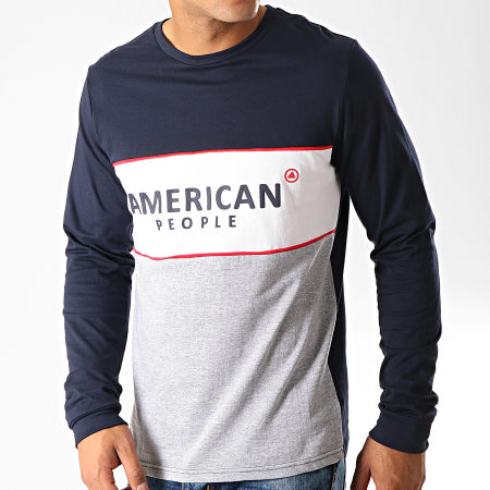 American People - Tee Shirt Manches Longues AP Pam Bleu Marine Blanc Gris Chiné