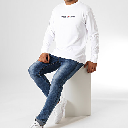Tommy Jeans - Tee Shirt Manches Longues Small Logo 7190 Blanc