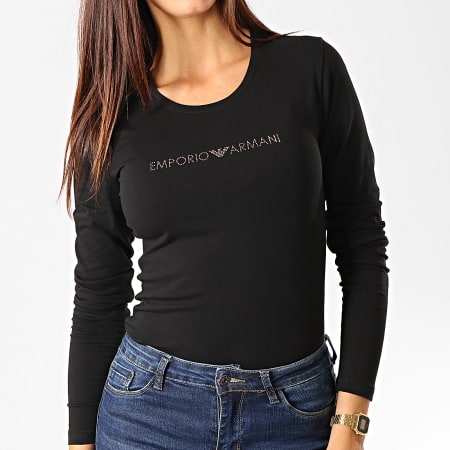 Emporio Armani - Tee Shirt Manches Longues Femme A Strass 163229-9A219 Noir Doré
