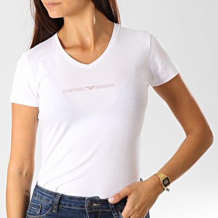 Emporio Armani - Tee Shirt Col V Femme A Strass 163321-9A263 Blanc Doré