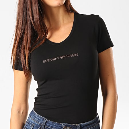Emporio Armani - Tee Shirt Col V Femme A Strass 163321-9A263 Noir Doré