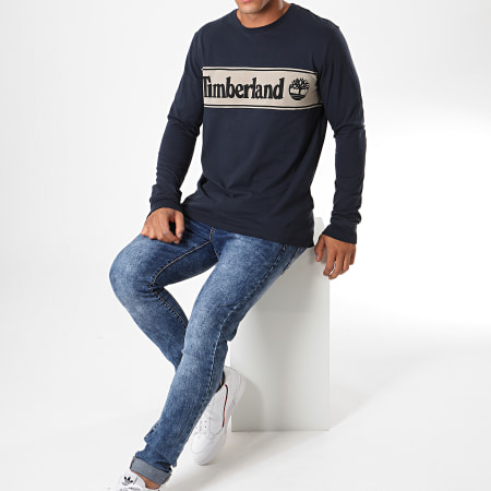 Timberland - Tee Shirt Manches Longues Cut And Sew Logo 1Z24 Bleu Foncé Gris Noir
