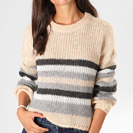 Only - Pull Femme Crop New Carle Beige Gris Blanc