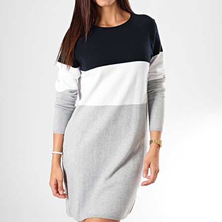 Only - Robe Pull Femme Tricolore Lillo Gris Chiné Blanc Bleu Marine