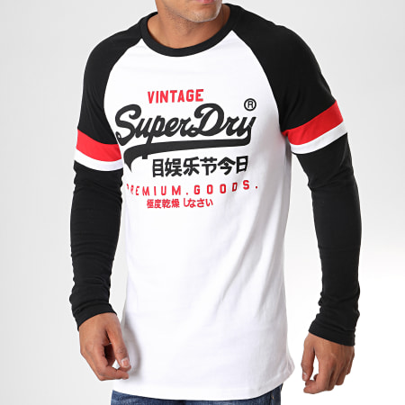 Superdry - Tee Shirt Manches Longues Tri Colour Raglan Blanc Noir