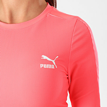 Puma - Tee Shirt De Sport Crop Femme Manches Longues Classics Rib 595196 Rose Fluo