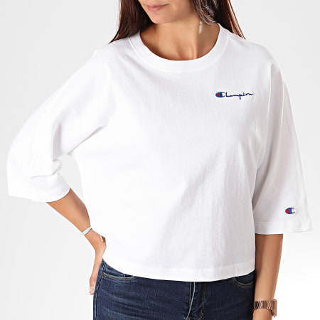 Champion - Camiseta Crop Mujer Back Script 112196 Blanco