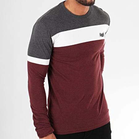 Superdry - Tee Shirt Manches Longues OL Engineered Bordeaux Chiné Blanc Gris Anthracite Chiné