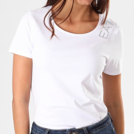 EA7 Emporio Armani - Tee Shirt Femme Pailleté 6GTT12-TJ29Z Blanc Argenté