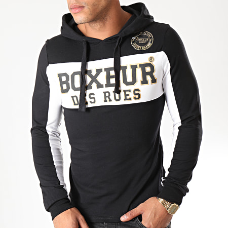 Boxeur Des Rues - Camiseta de manga larga con capucha 20162L Negro Blanco Oro