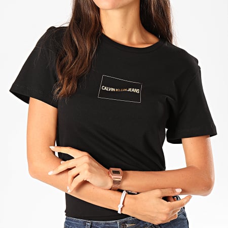 Calvin Klein - Camiseta Mujer Logo Institucional Box 2235 Negro Oro