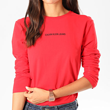 Calvin Klein - Camiseta de manga larga elástica con logotipo institucional para mujer 2259 rojo negro