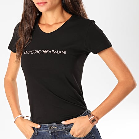 Emporio Armani - Tee Shirt Col V Femme 163321-9A317 Noir Cuivre