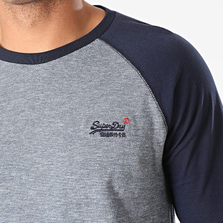 Superdry - Tee Shirt Manches Longues Orange Label Texture Baseball Bleu Marine Bleu Chiné