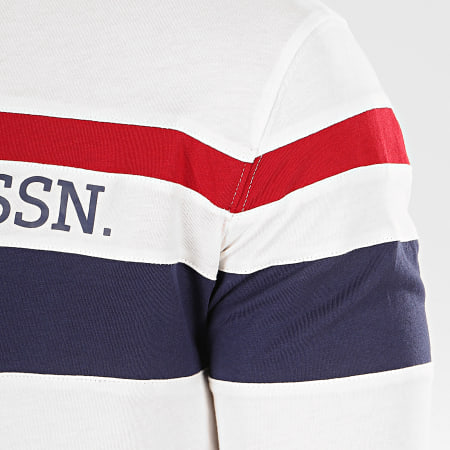 US Polo ASSN - Tee Shirt Manches Longues Tricolor Stripe Blanc Cassé Bleu Marine Bordeaux