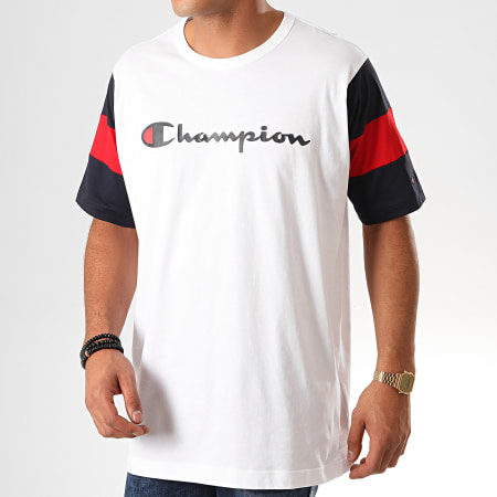 Champion - Tee Shirt Colour Block Script Logo 231644 Blanc Bleu Marine
