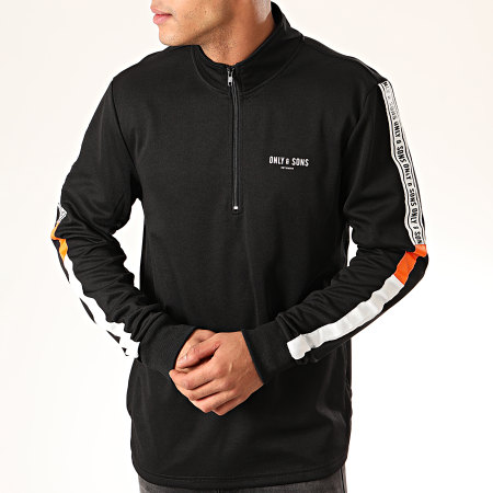 Only And Sons - Sweat Col Zippé A Bandes Tracker Poly Noir Blanc Orange