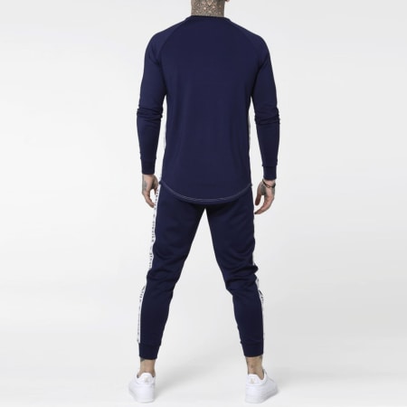 SikSilk - Tee Shirt Oversize Manches Longues A Bandes Performance 14644 Bleu Marine Blanc