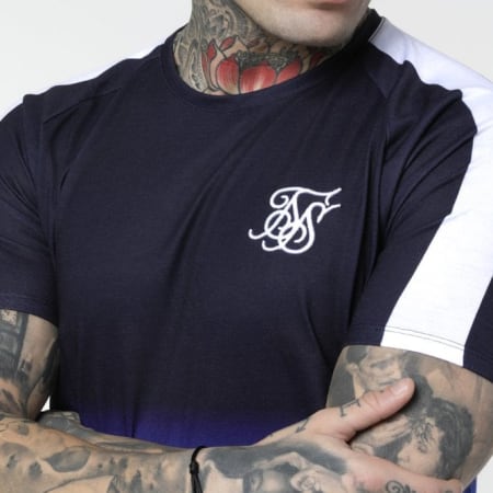 SikSilk - Tee Shirt Oversize A Bandes Hem 15144 Bleu Marine Bleu Clair Blanc Dégradé