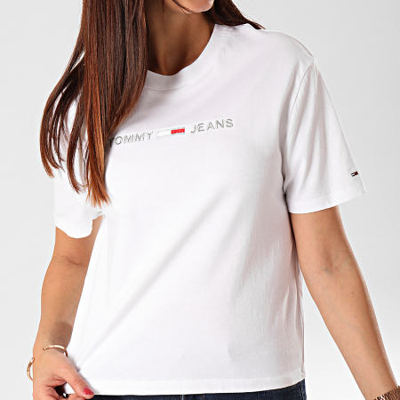 Tommy Jeans - Tee Shirt Femme Linear Logo Detail 7530 Blanc Argenté